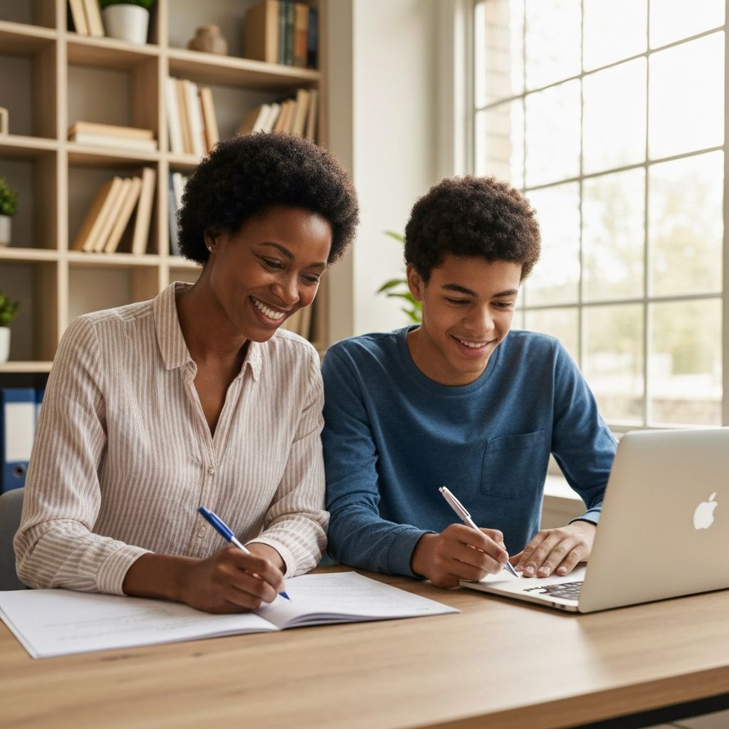 African American mother and son applying for scholarships together
